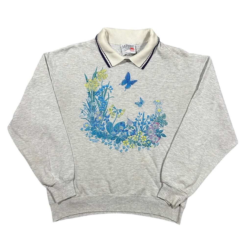 Vintage 90s Morning Sun Sweatshirt Womens Medium Grandma Style Butterfly Flowers